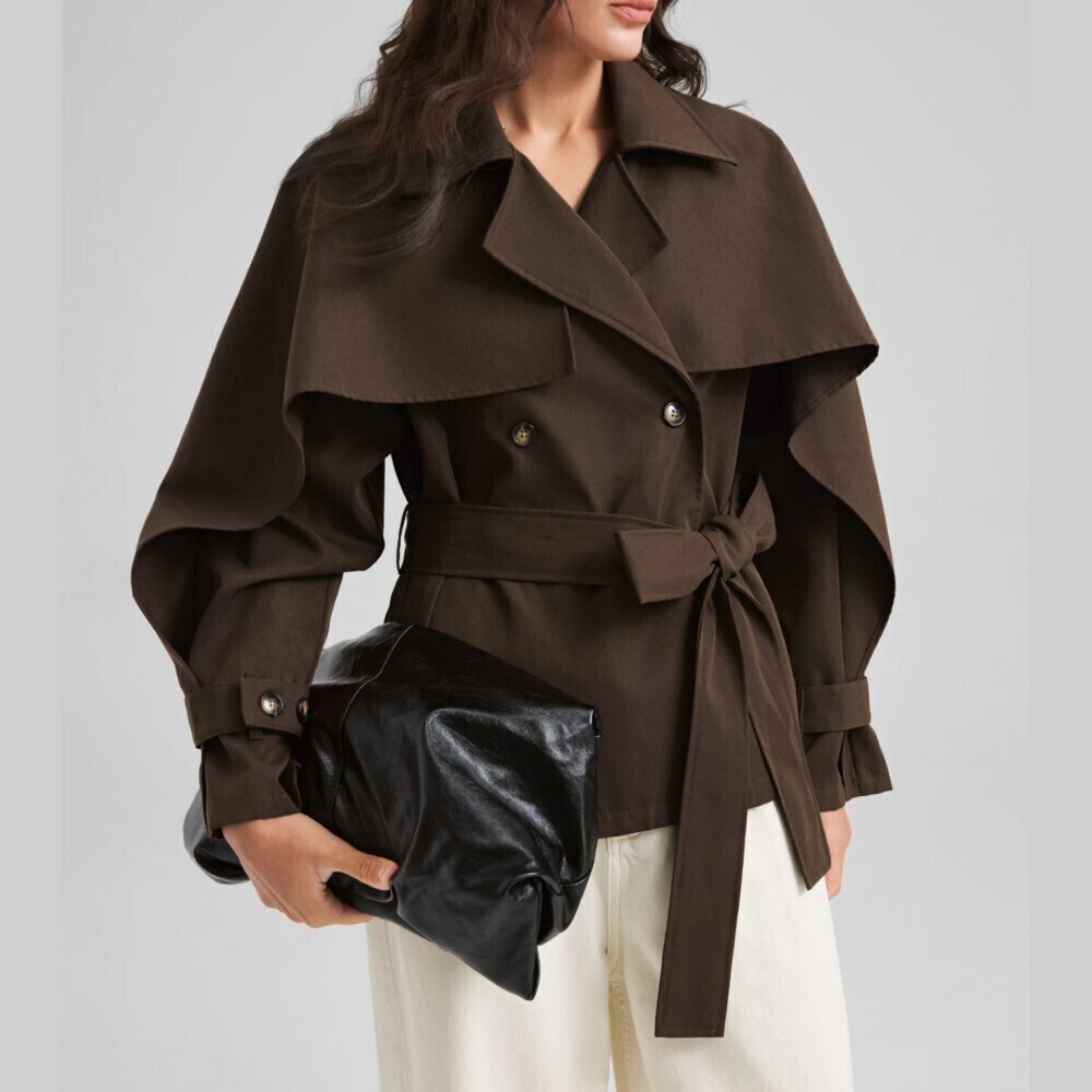 Espresso Brown Cape Sleeve Belted Trench Coat Jacket with Lapel Collar